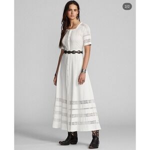 RRL Ralph Lauren Lace Trim Linen-Cotton Jersey Maxi Dress White Boho size 2 NEW